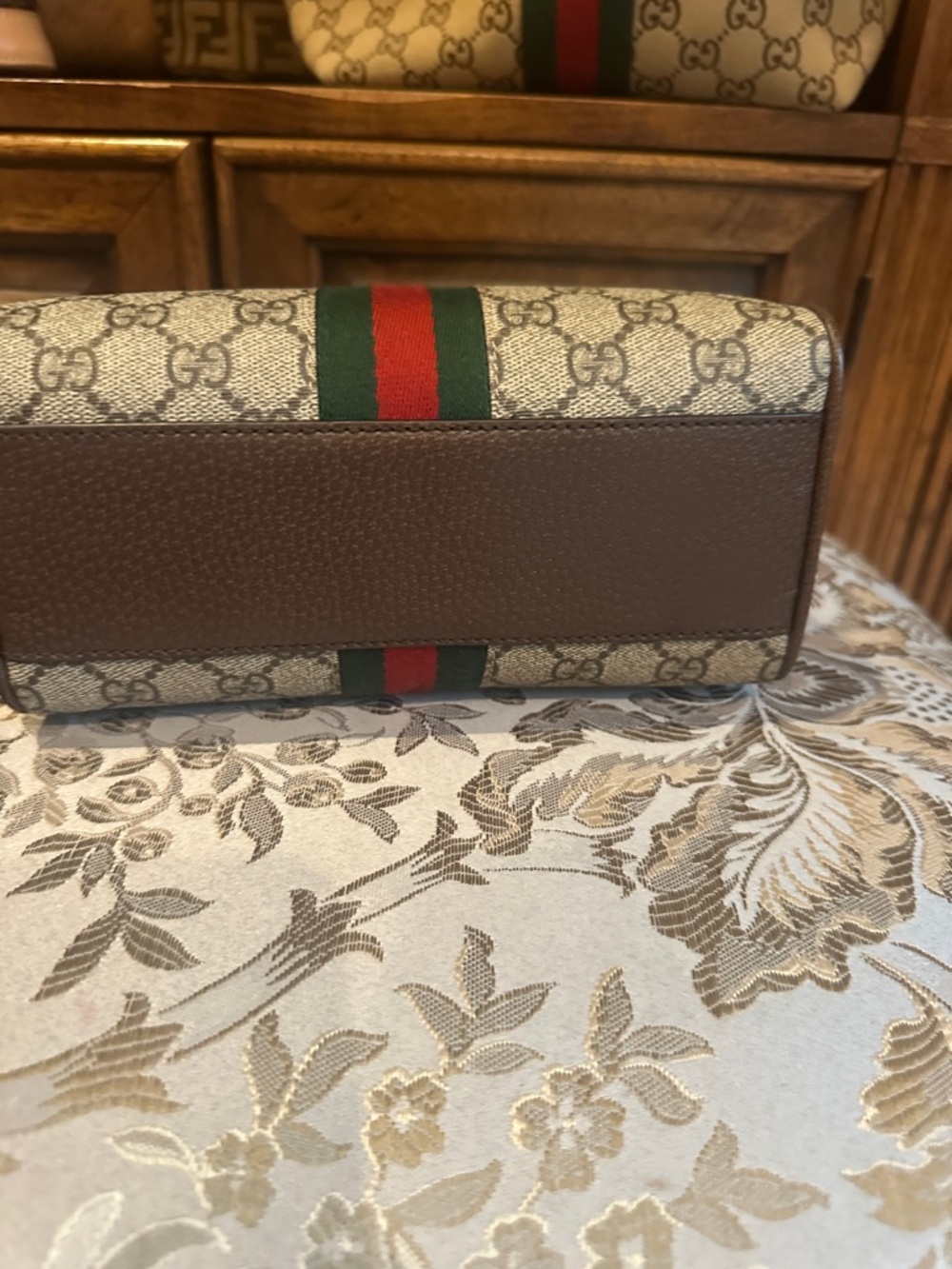 Gucci Beige GG Supreme Mini Top Handle Bag with Green-Red Stripe - Picture 5 of 8